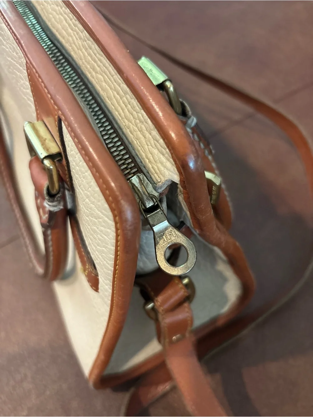 Dooney & Bourke Cream and Brown Leather Satchel with Gold Hardware